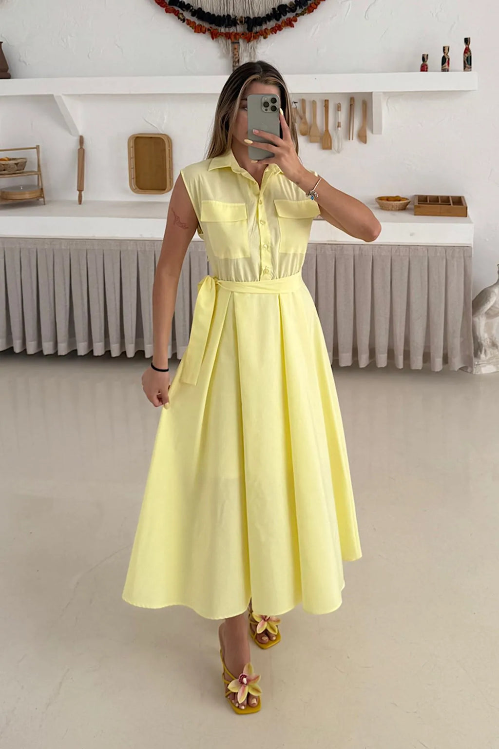 Basic Poplin Elbise Sarı