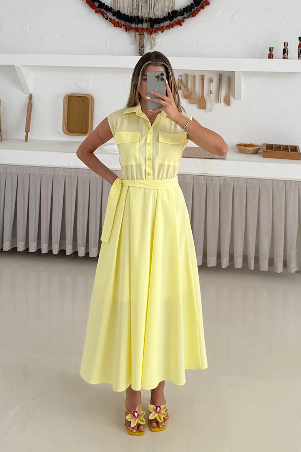 Basic Poplin Elbise Sarı