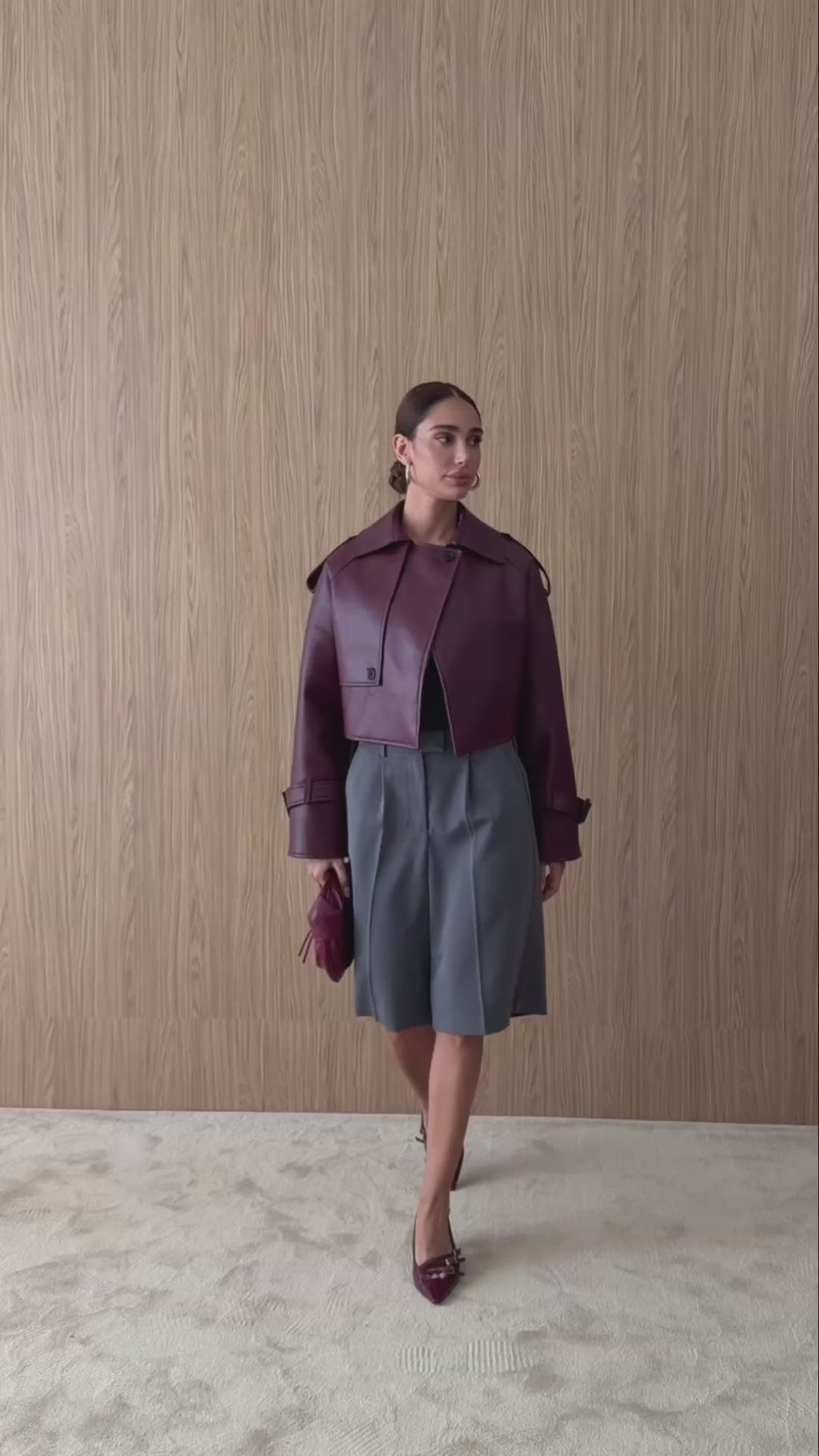 Premium Dik Yaka Kemer Tokalı Oversize Crop Suni Deri Kadın Ceket Bordo